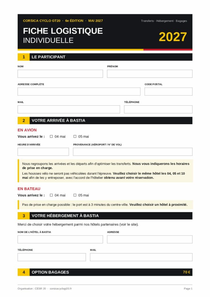 Première page de la fiche logistique de la Corsica Cyclo GT20 2027